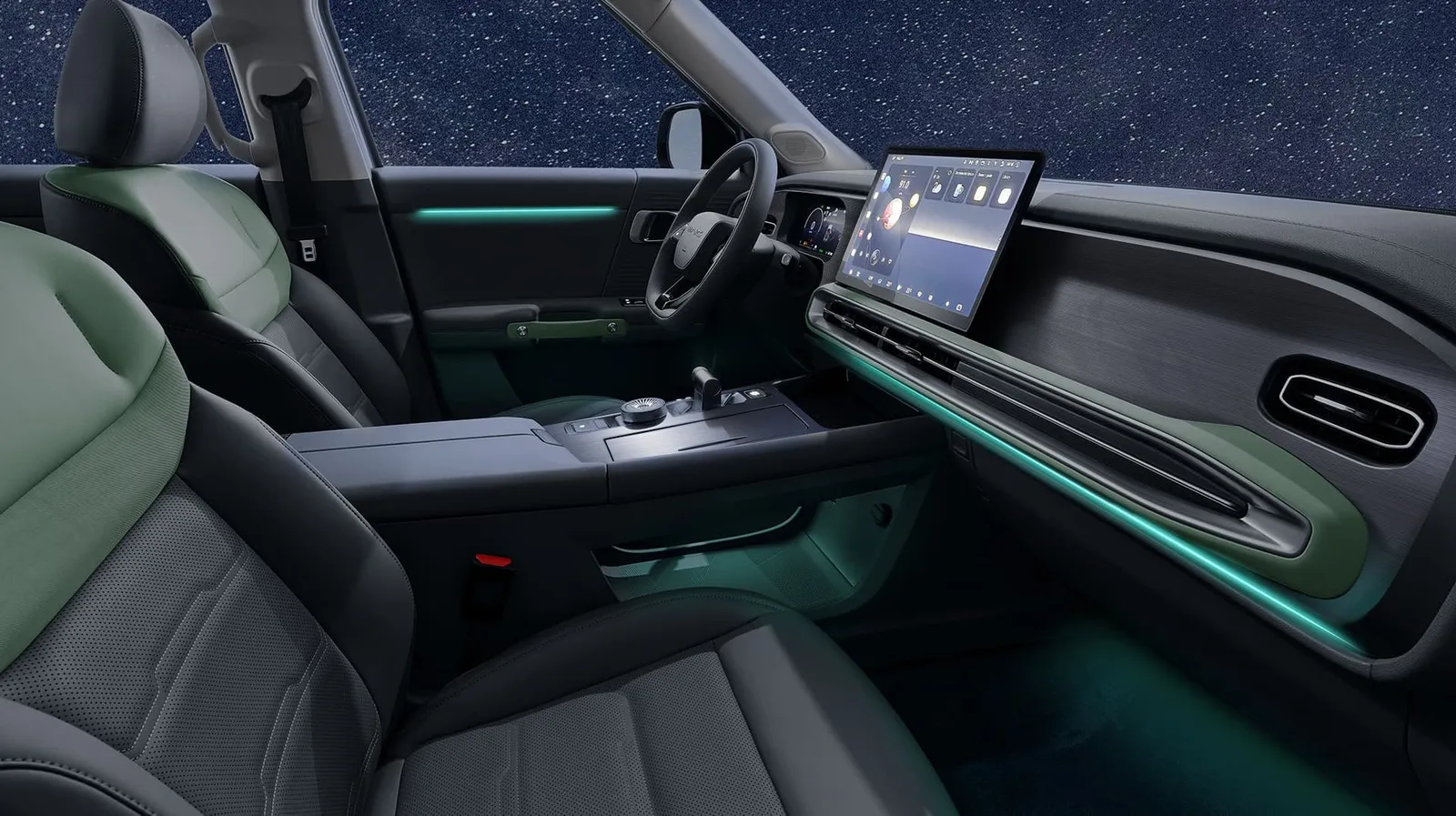 Front cabin with green ambient lighting