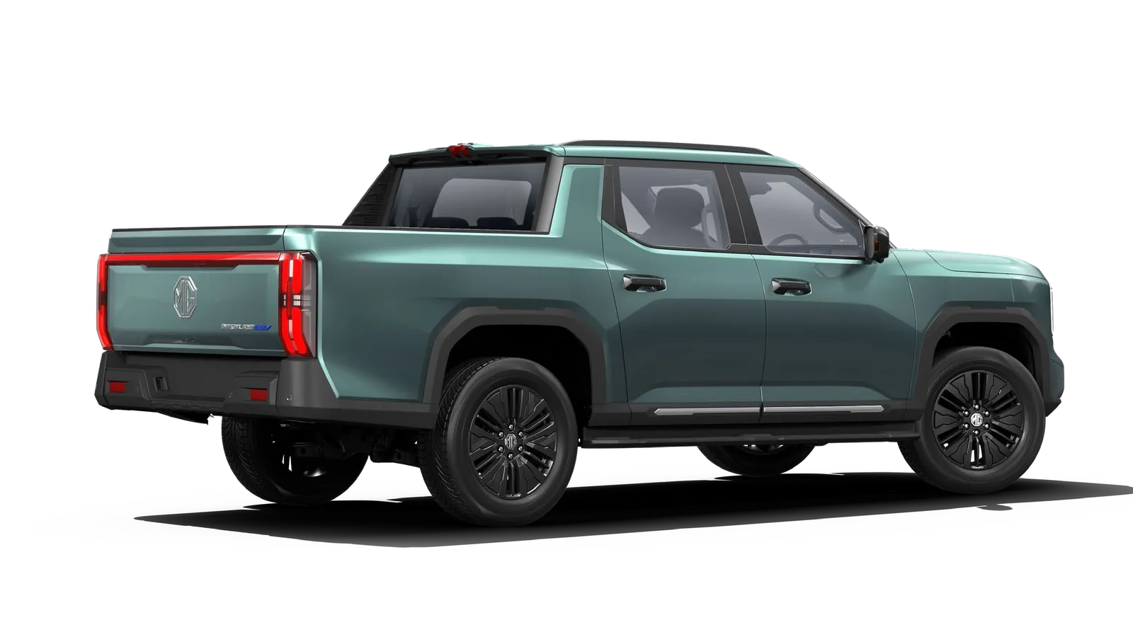 Green pickup truck rear three-quarter view