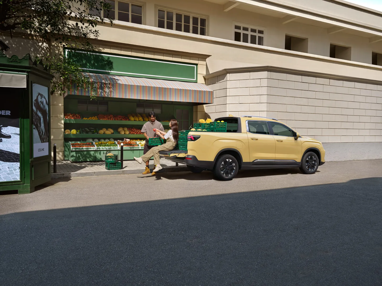 Yellow pickup truck parked outside market