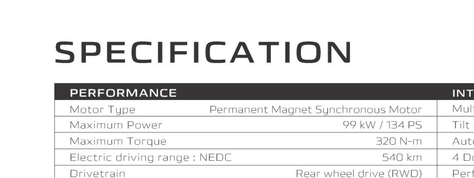 99 kW / 134 PS motor, 320 Nm — 540 km NEDC range, RWD