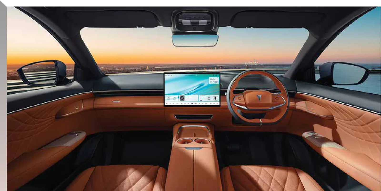 Cockpit view — 15.6" touchscreen and yacht-inspired cabin