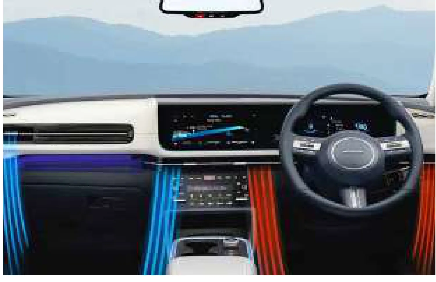 Cabin view — dual-zone AC and dashboard