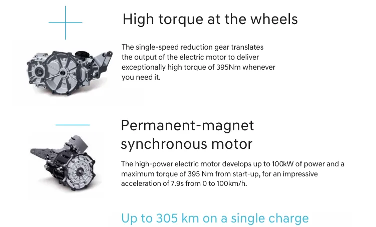 100 kW permanent-magnet motor, 395 Nm — up to 305 km range