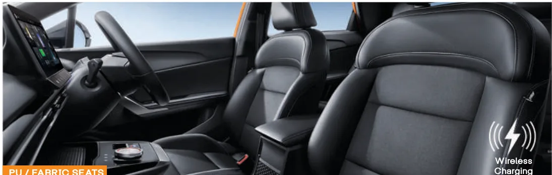 PU/fabric seats and wireless charging pad