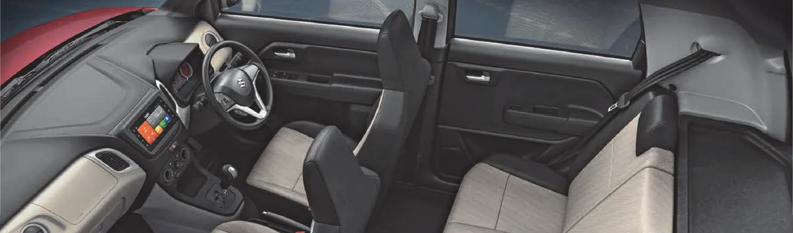 Spacious cabin — dual-tone grey melange fabric seats and touchscreen infotainment
