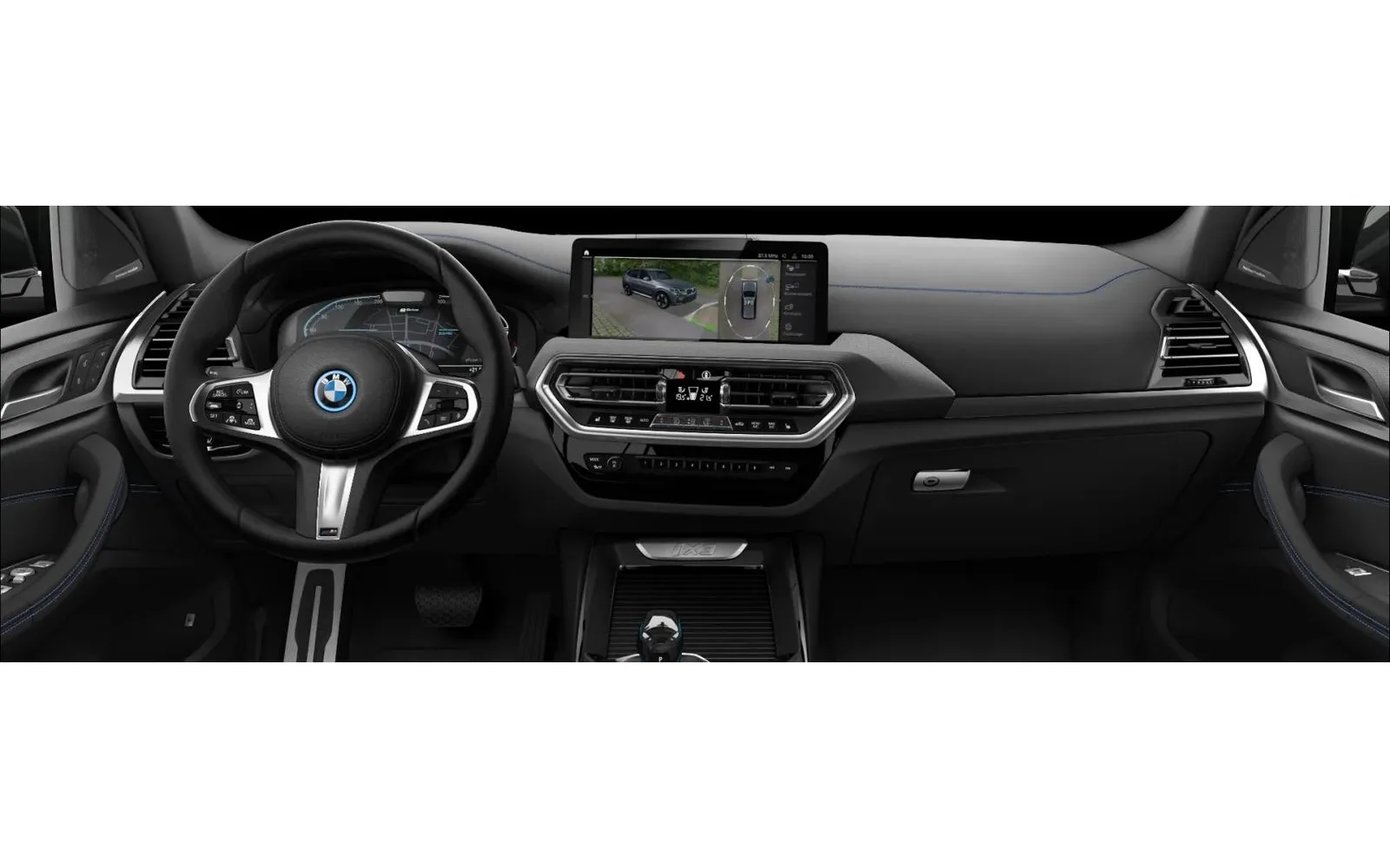 Dashboard with steering wheel and infotainment screen