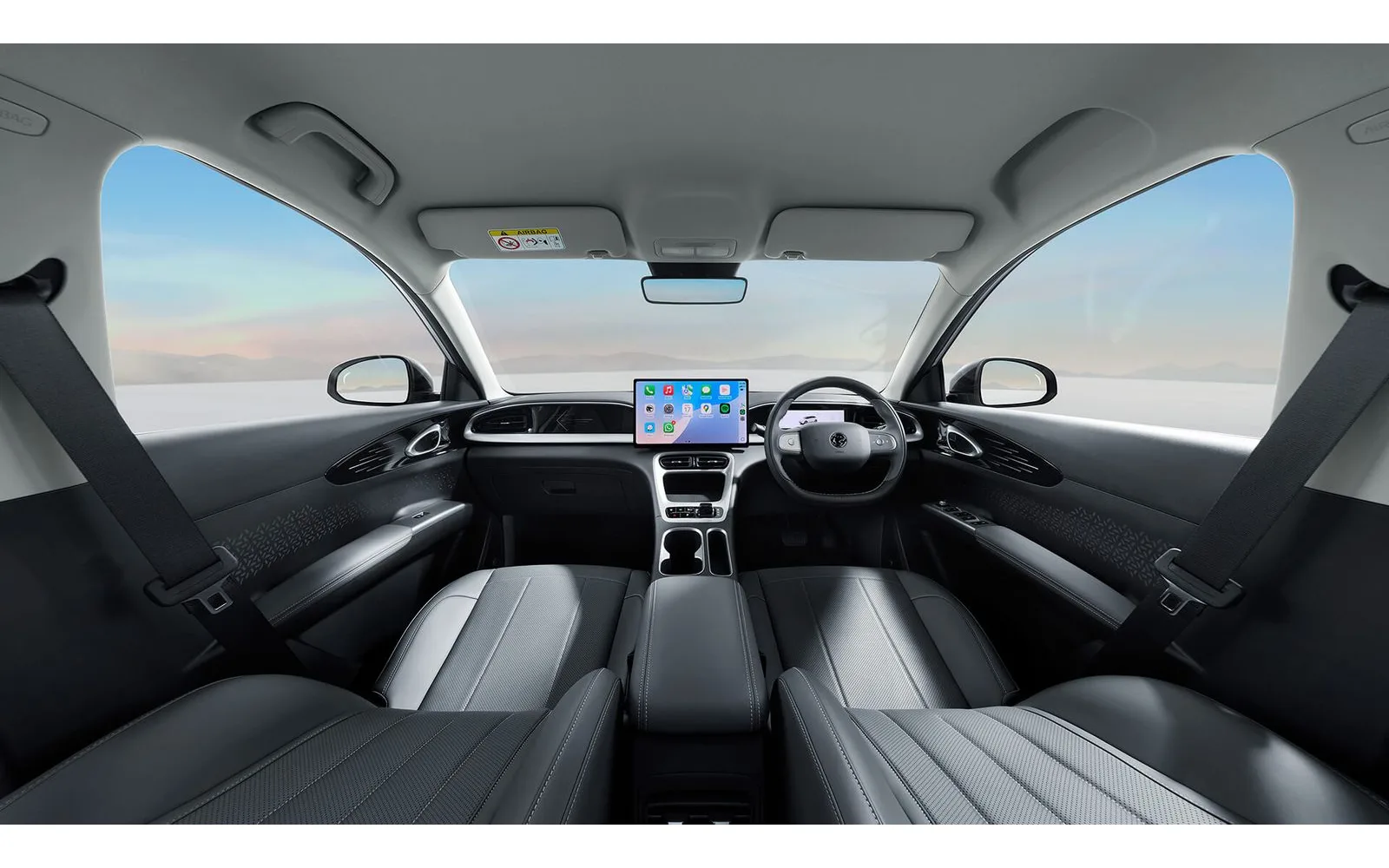 Black interior with dashboard and infotainment screen